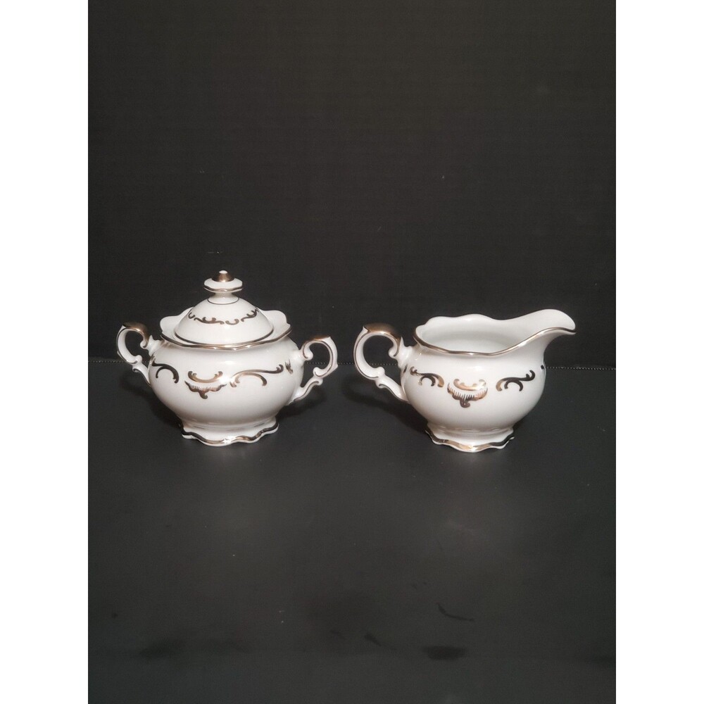 Schumann Arzberg Platinum Elegance Sugar Bowl W/ Lid & Creamer Set Germany Vtg